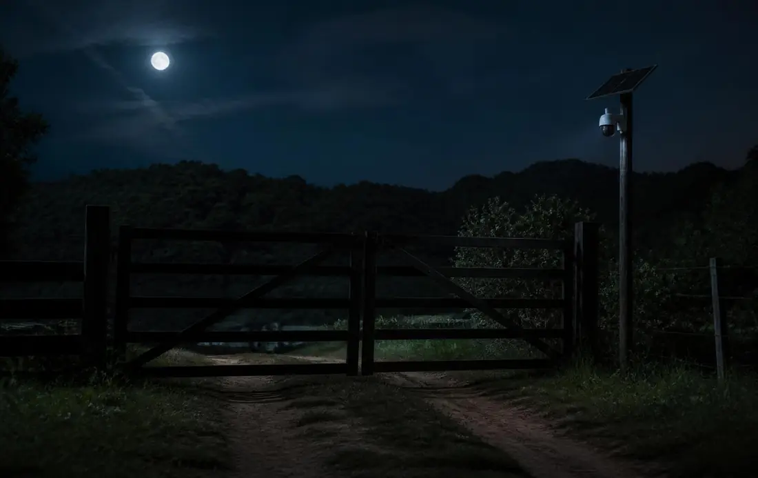 Propriedade rural monitorada durante a noite por câmera solar